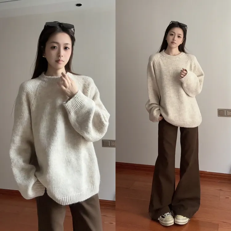 杏色老钱风圆领毛衣男女冬季慵懒风卫衣针织衫美式复古内搭打底衫