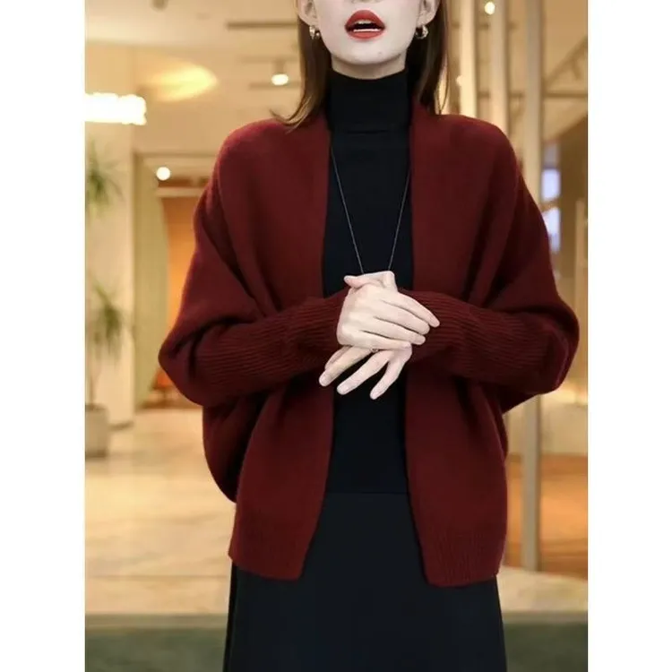 春秋洋气红色长袖保暖宽松针织开衫大码女装遮肚子百搭毛衣外套