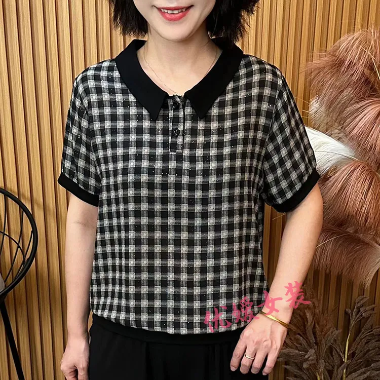 中老年女装时尚夏季薄款格子翻领宽松减龄显瘦洋气妈妈装短袖上衣
