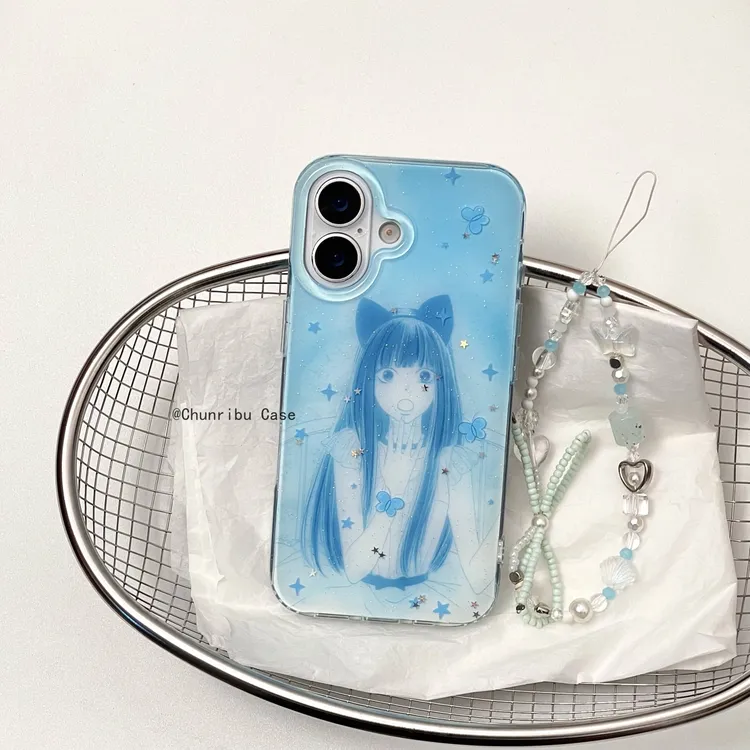 蓝色星星二次元猫耳少女适用苹果17/16promax手机壳挂绳15/14/13