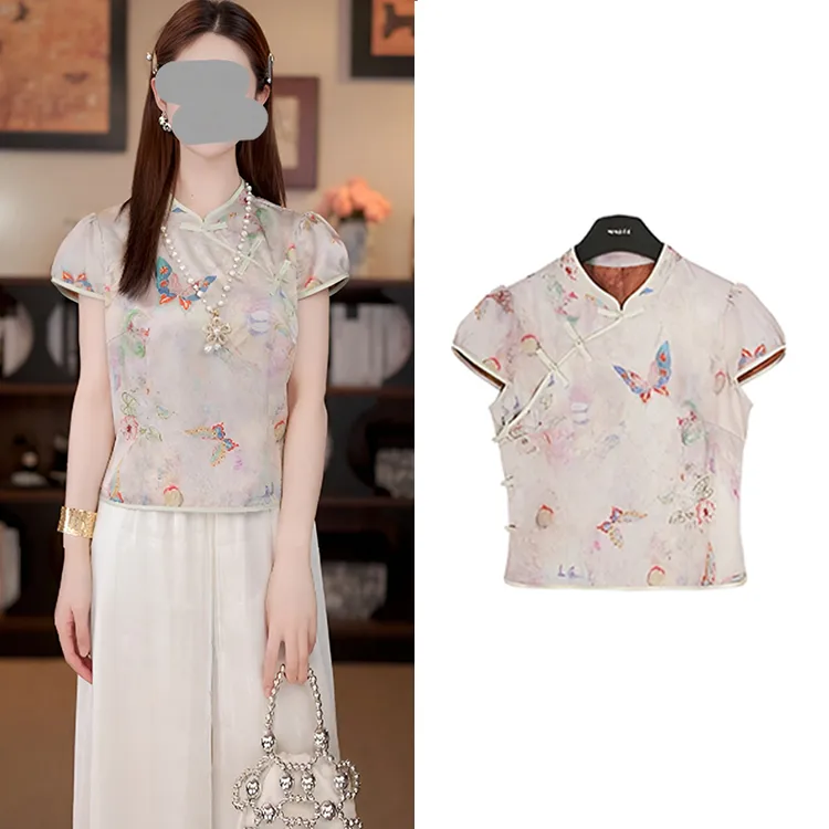 新中式国风盘扣立领印花斜襟短袖衬衣女2025夏季新款洋气浅色上衣