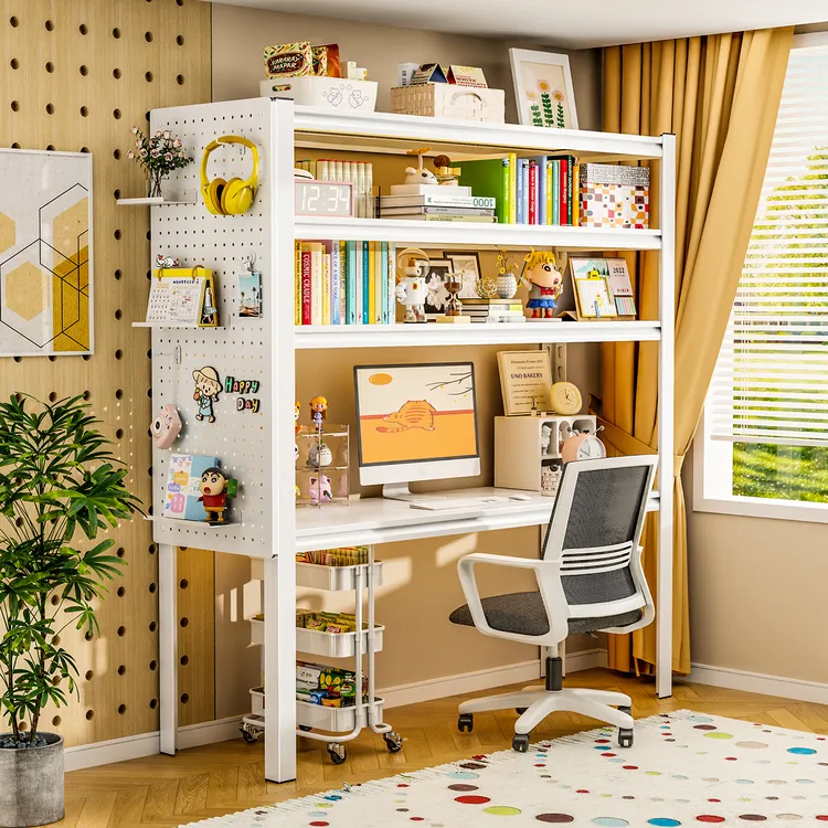 书桌书架一体落地置物架洞洞板多层储物铁艺收纳架简易货架电脑桌