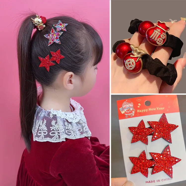 新年大红色喜庆星星碎发夹马年头绳发饰女本命年红头绳皮筋头饰