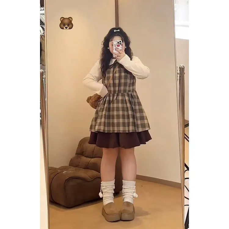【大菜小肥打版】大码时尚气质打底衫复古收腰格纹真两件连衣裙套装