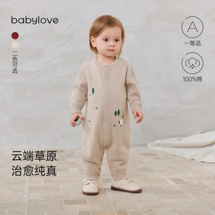 babylove婴儿毛织连体衣秋冬款纯棉针织衣服宝宝哈衣外出保暖毛衣