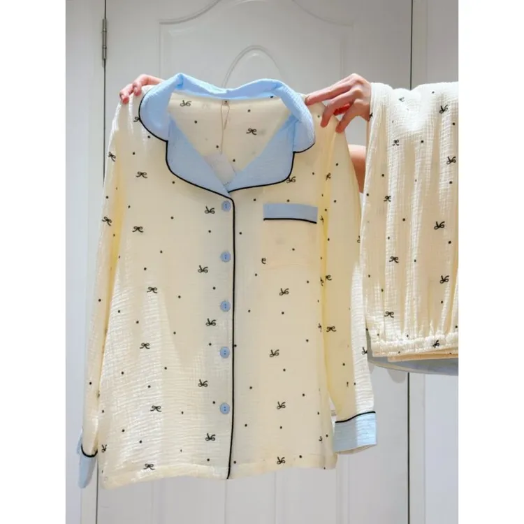 韩版撞色蝴蝶结长袖睡衣套装女时尚家居服休闲可外穿套装SY241894