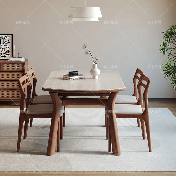 将末全新升级加厚六根白蜡木轨道洞石岩板折叠款原木风高品质餐桌