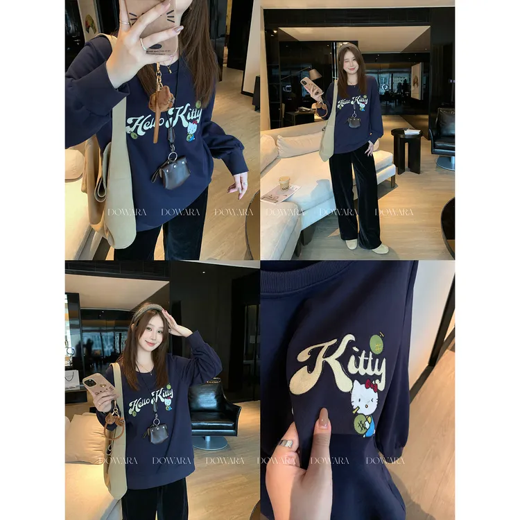 大婉酱微胖定制【柠动kt】慵懒风抓绒卫衣印花设计感休闲上衣2618D