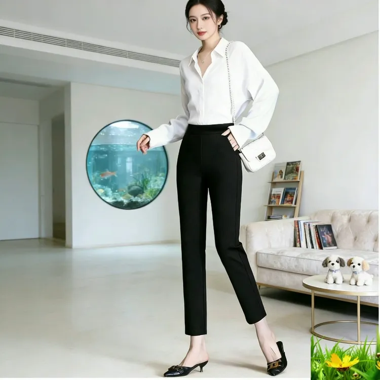 女士黑色九分加绒烟管西裤高腰显瘦修身百搭冬季免烫垂坠感强