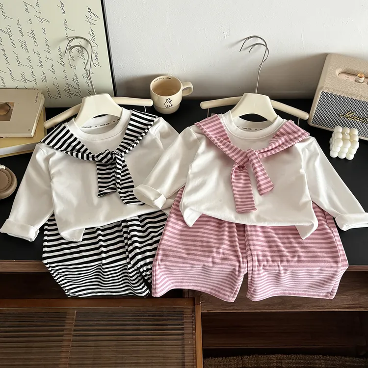 【亲子】儿童春秋季2025新款男女童条纹披肩长袖长裤阔腿裤两件套