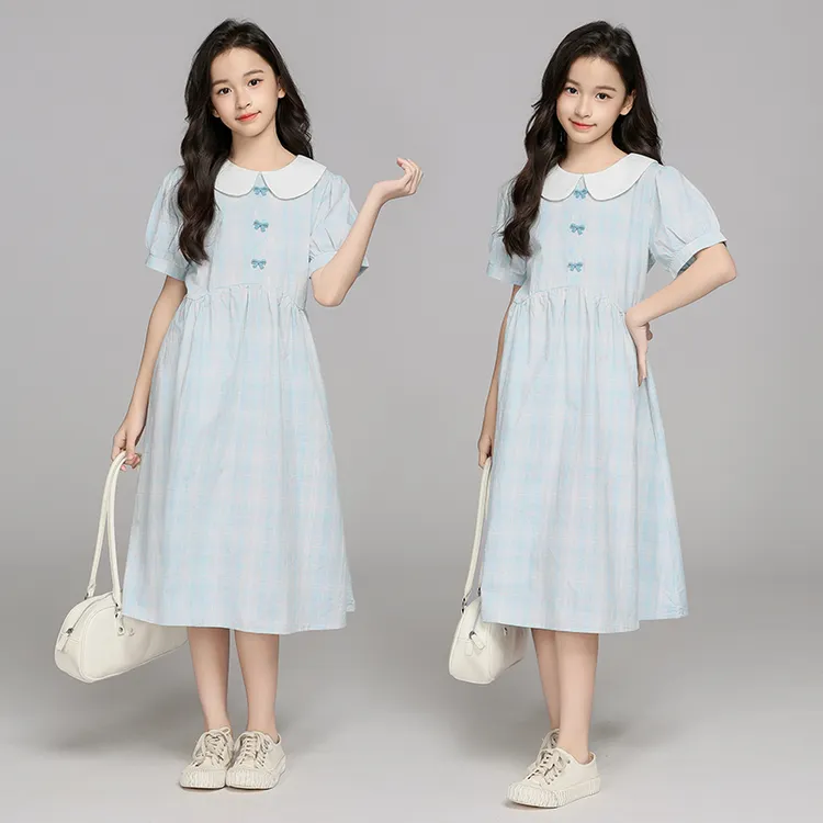 女童娃娃领连衣裙2025新款中大童韩版清新格子收腰裙子女孩文艺裙