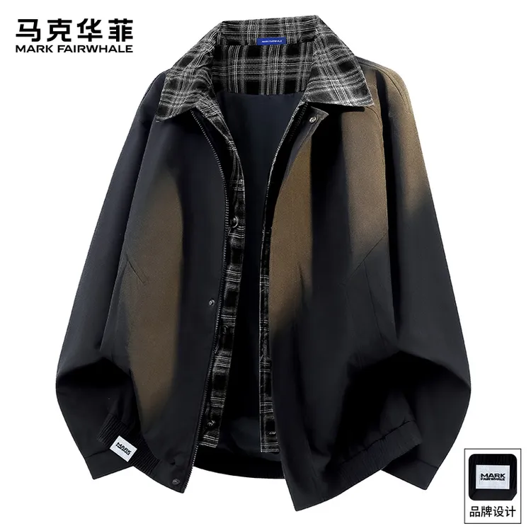 马克华菲美式拼接格子假两件夹克男秋季新款宽松百搭翻领休闲外套