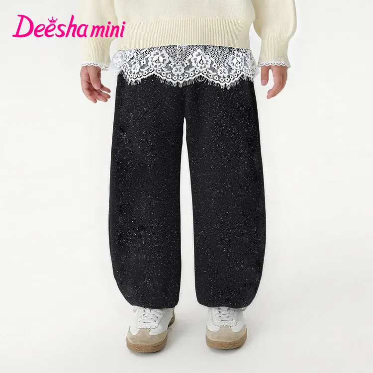 笛莎女童裤子加绒冬季儿童衣服星空时尚蕾丝复古弯刀裤-33255A401