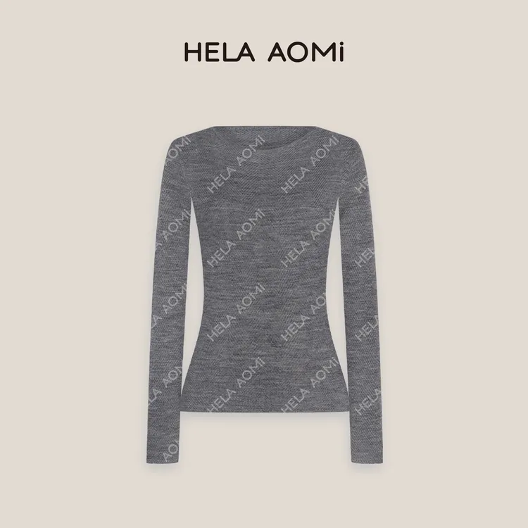 HELA AOMI“绵羊毛100% 水波纹”设计感轻薄亲肤纯色一字领针织衫