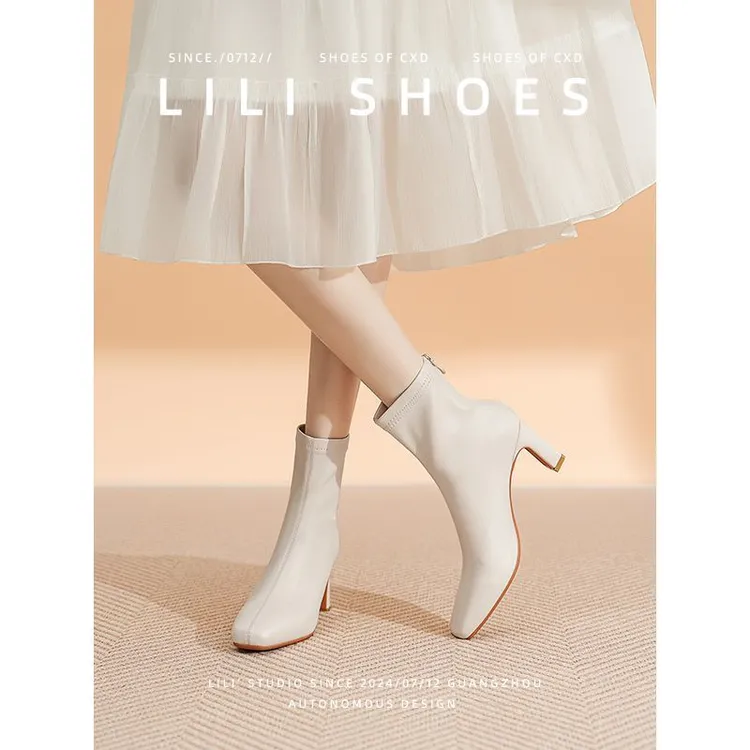 真皮高跟短靴女2025年秋冬新款软皮方头韩系后拉链粗跟弹力瘦瘦靴