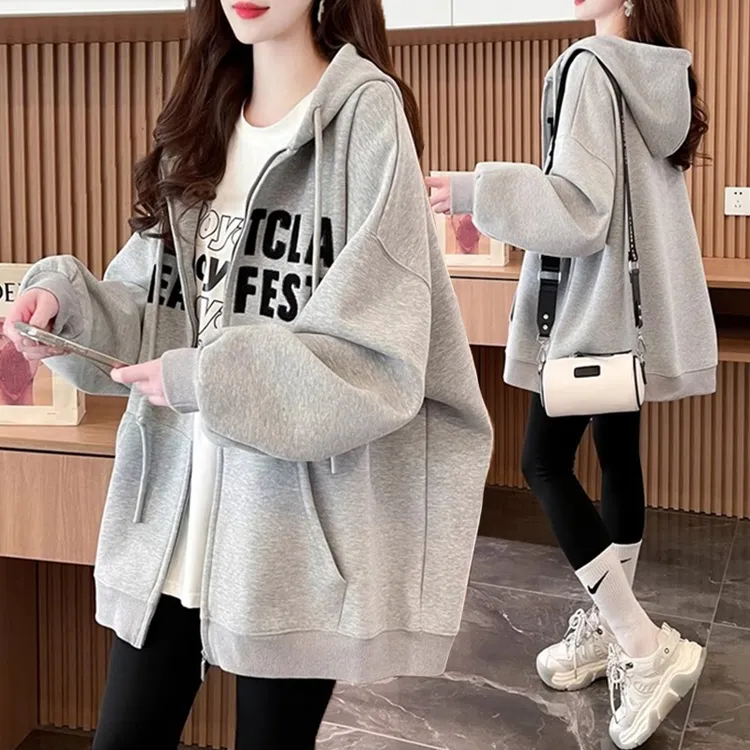 大码慵懒风刺绣连帽薄款卫衣女春秋新款韩版宽松百搭拉链开衫外套