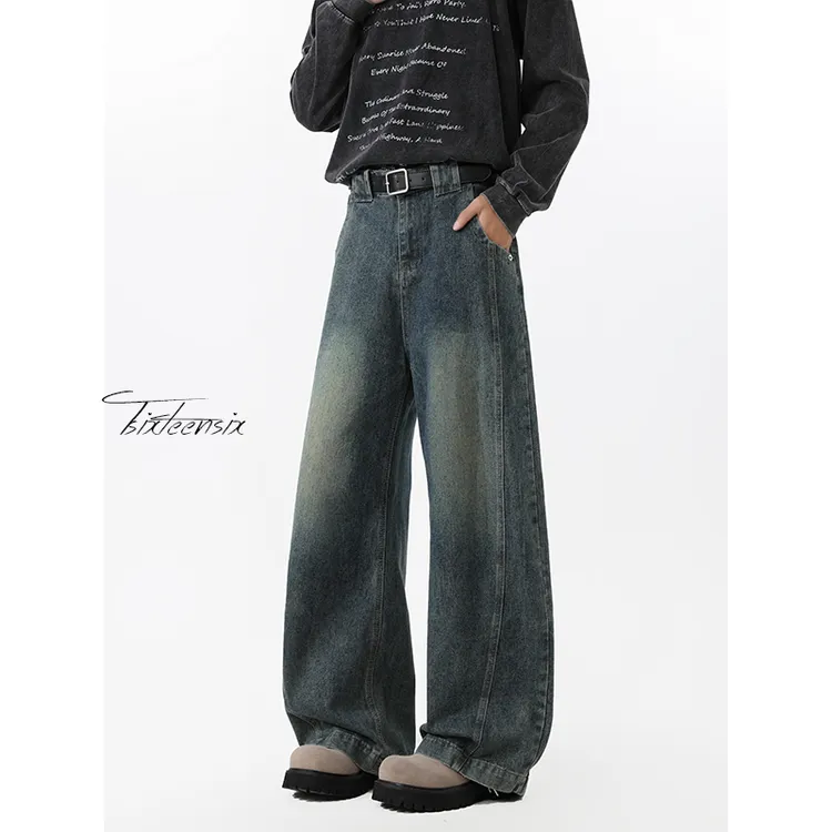 SOUL BACK 弯刀牛仔裤男女cleanfit美式高街潮牌宽松直筒阔腿裤子