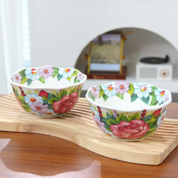 玫瑰花园5英寸花边米饭碗2只+勺子