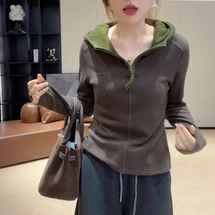 2025秋冬时尚显瘦带帽拉链休闲设计感连帽卫衣长袖女LK2507370