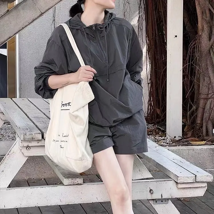 时尚百搭夏季休闲连帽外套短裤套装薄款宽松韩版潮流运动风-22093