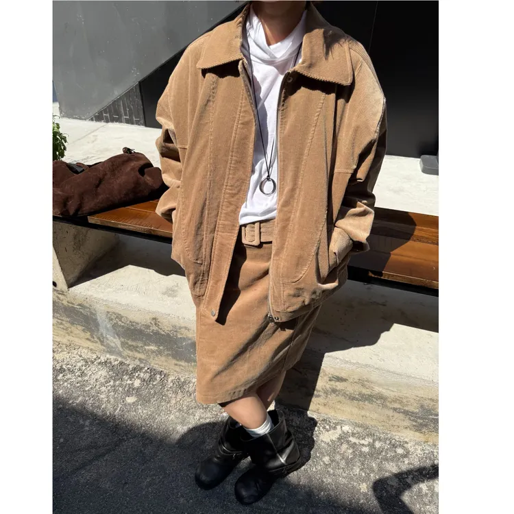 【逸语服饰】2025秋季复古灯芯绒外套+半身裙两件套套装(配腰带)