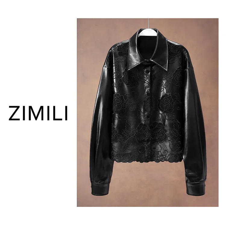 【亮哥女装】2025秋冬新品《黑玫瑰》星耀黑勾花蕾丝PU皮外套9918