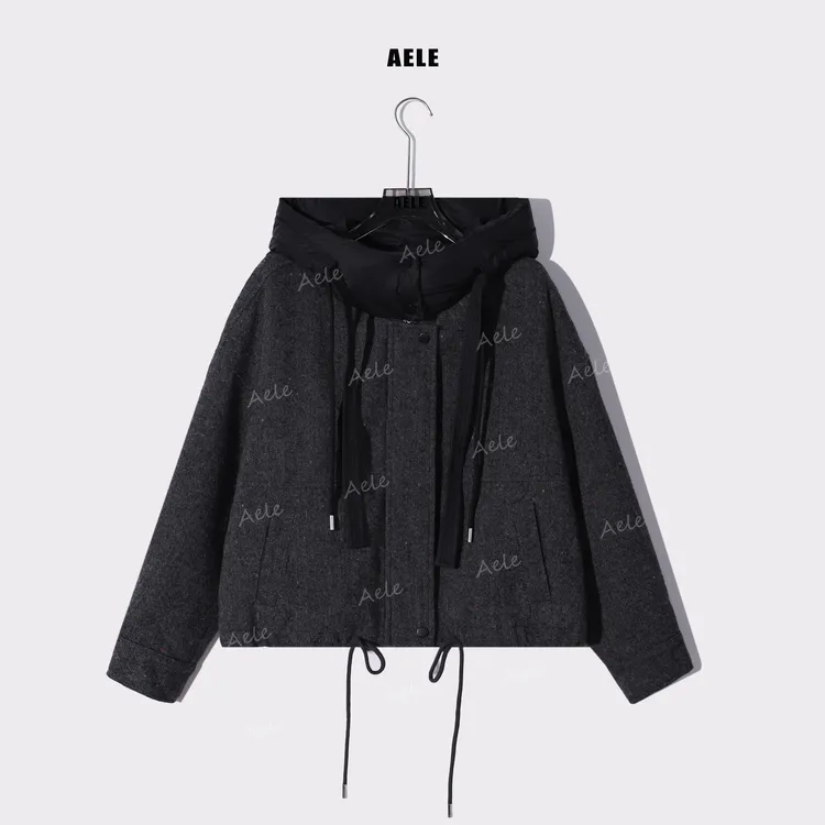 AELE冬季潮流设计拼接抽绳宽松短款连帽羽绒外套 Y855 3678 AD