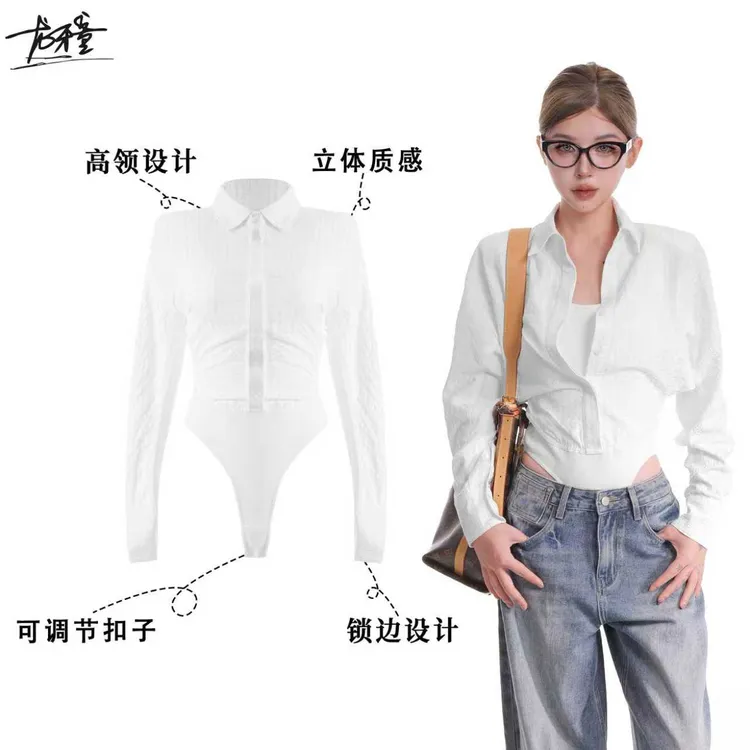龙牙童推荐【连体假两件】显瘦气质女款外穿韩系连体衬衫小众设计感