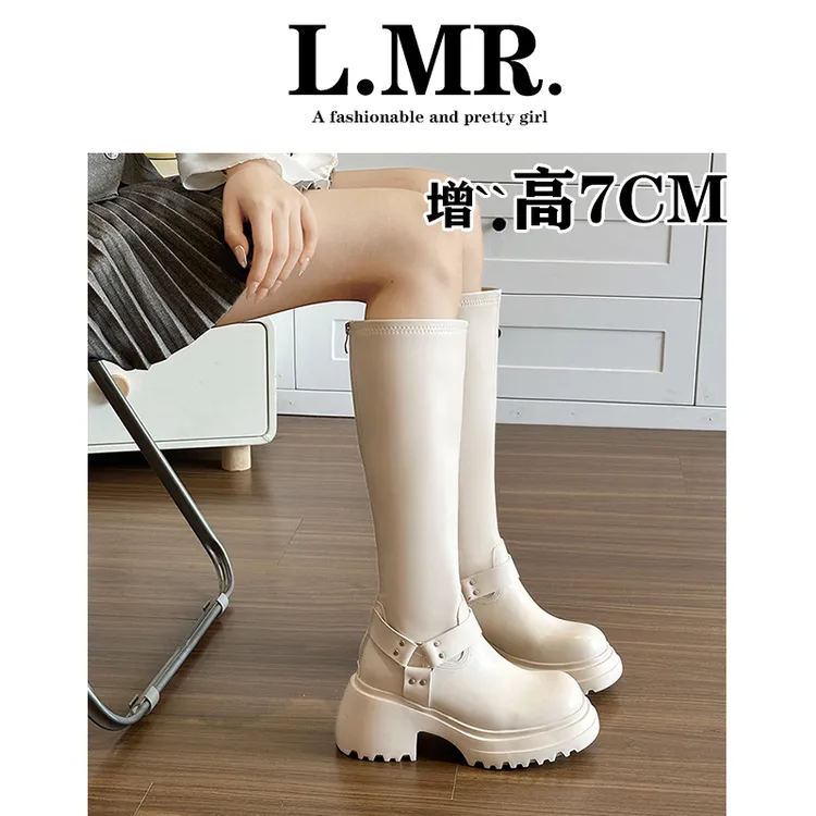 白色显瘦长靴女2025年新款秋冬高筒不过膝厚底粗跟平口瘦瘦长筒靴