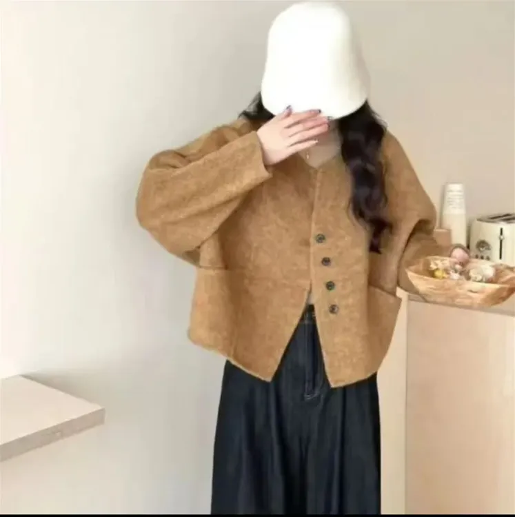 秋冬新款小香风短款毛呢外套常规百搭圆领网红插肩袖上衣气质891