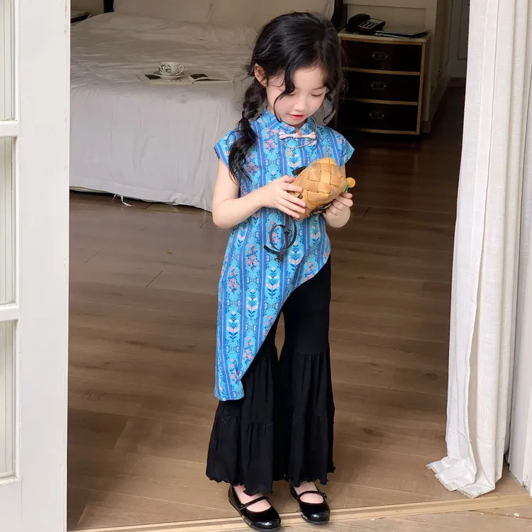 儿童旗袍套装女童中国风时髦新中式洋气中长款时尚上衣喇叭九分裤