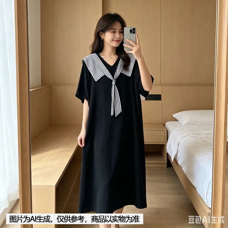 【Annie 170】夏款海军领条纹黑色正肩气质休闲弹性宽松大码显瘦长