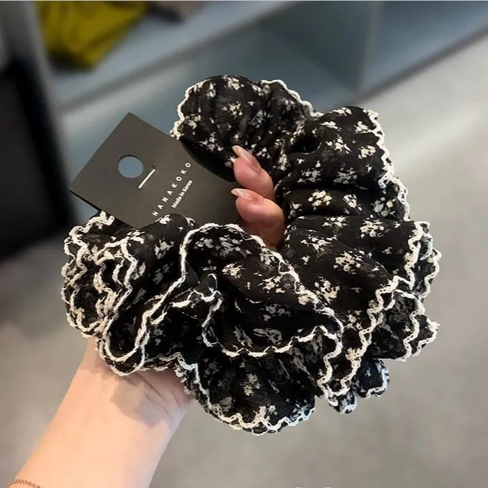 爆款四层花边黑色锁边小碎花大肠发圈气质高级感ins头花发绳大号