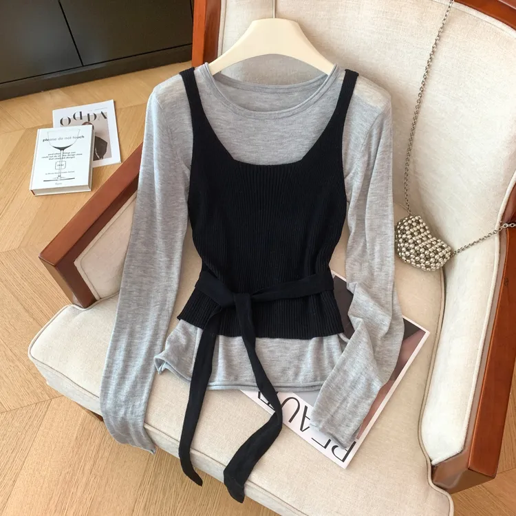 温柔早秋季韩系洋气系带针织两件套女新款显瘦背心叠穿长袖套装