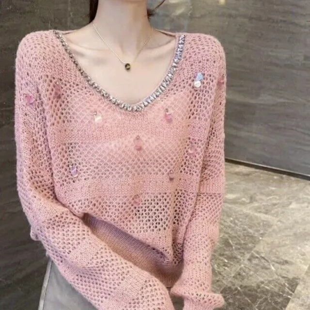 今年流行漂亮粉色镂空针织衫2025春夏新款长袖防晒亮片气质毛衣