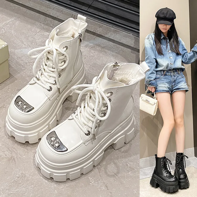 厚底雪地靴皮毛一体马丁靴女冬加绒加厚增高短靴保暖棉靴真皮棉鞋