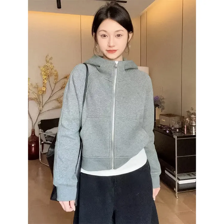 浅灰色插肩袖连帽卫衣外套女秋季2025新款美式高级感气质长袖上衣