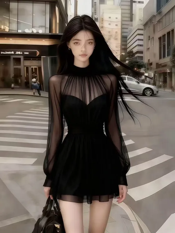 2025冬时尚氛围感纯欲气质辣妹风黑色网纱拼接高领长袖收腰连衣裙