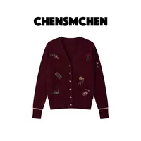CHENSMCHEN 100绵羊毛V领刺绣长袖针织衫女复古时尚开衫CSZ8138MX