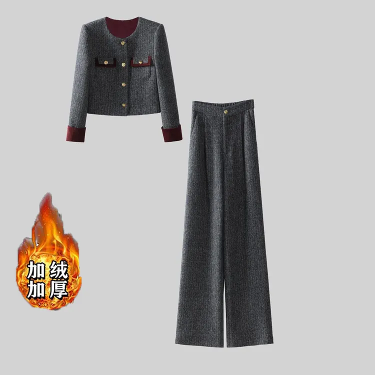 【加绒加厚】【两件套】时尚套装女秋冬通勤显瘦上衣阔腿裤套装DM0117