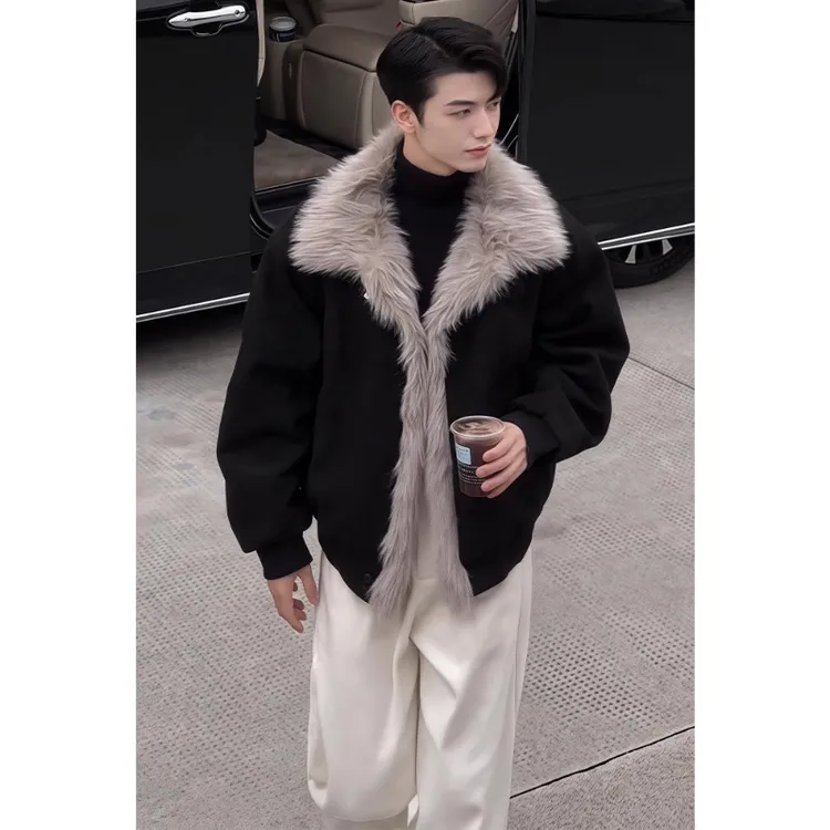 座山雕做旧仿麂皮加厚保暖外套男秋冬高级感痞帅毛领潮牌夹克棉衣