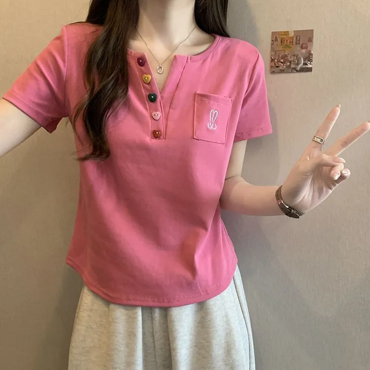 大码立体装饰设计感短袖t恤女2025夏季新款修身显瘦遮肉外穿上衣