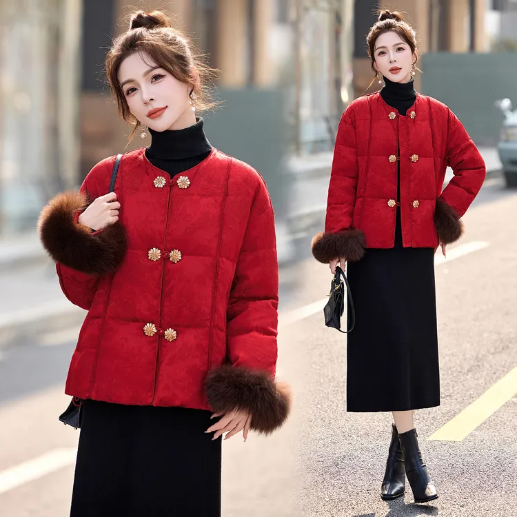 新中式国风红色羽绒服女2025冬季新款高级感气质加厚保暖宽松外套