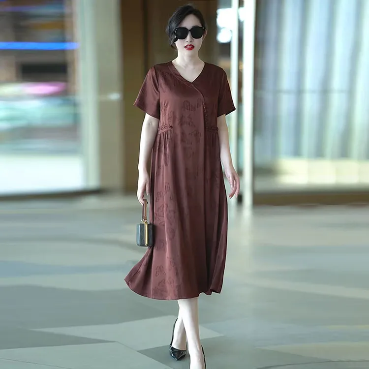 2527重磅真丝轻奢显瘦新款长裙子宽松大码遮肚子连衣裙中年妈妈