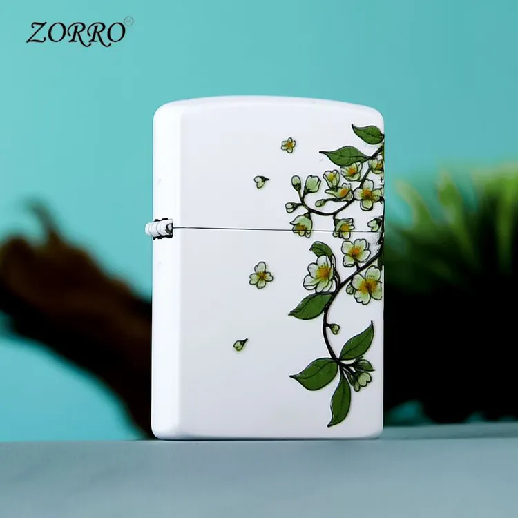 ZORRO佐罗高档煤油打火机原装正品春绘茉莉黄铜彩印火机创意礼品