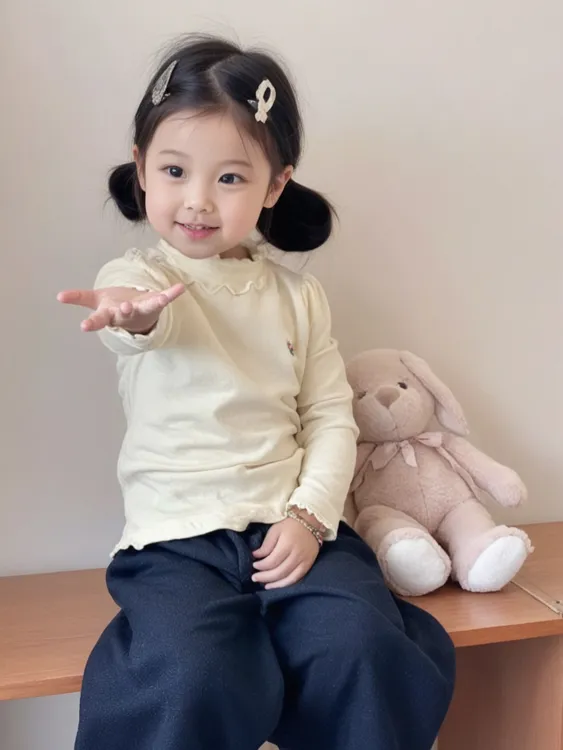 女童半高领秋装小熊刺绣打底上衣女宝宝长袖甜美木耳花边打底衫