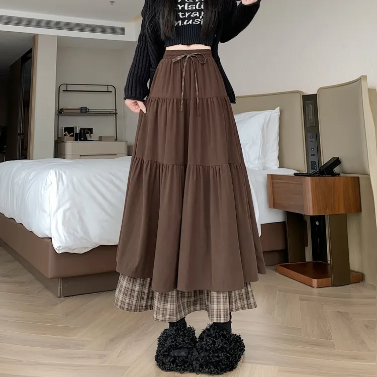 秋冬双层日系有口袋灯芯绒半身裙女设计感小众拼接格纹蛋糕长裙