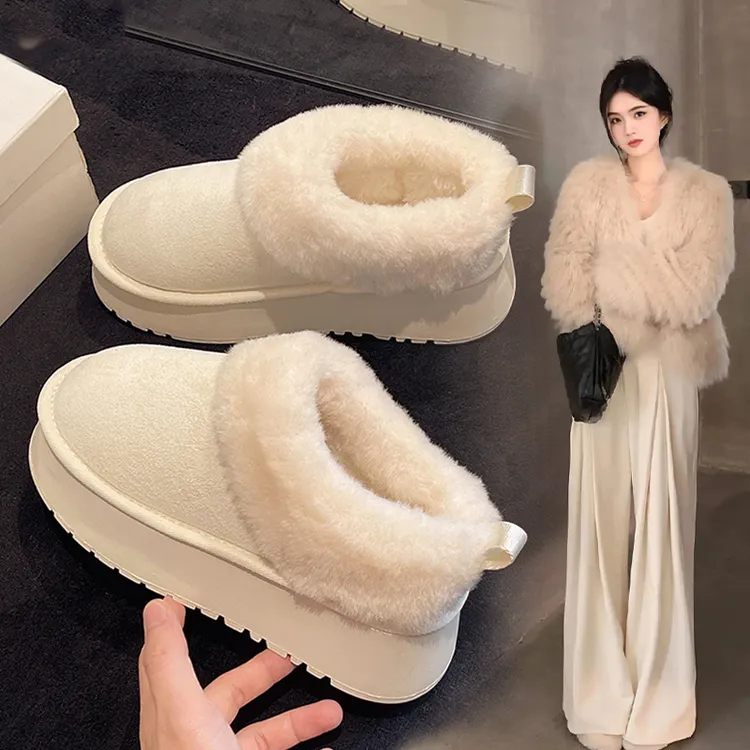 白色厚底加绒加厚雪地靴子女2025秋冬季新款一脚蹬毛毛鞋东北棉鞋