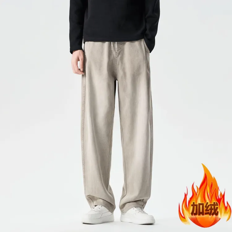 冬季新款莱赛尔斜纹牛仔裤男美式百搭复古水洗直筒裤加绒休闲男裤