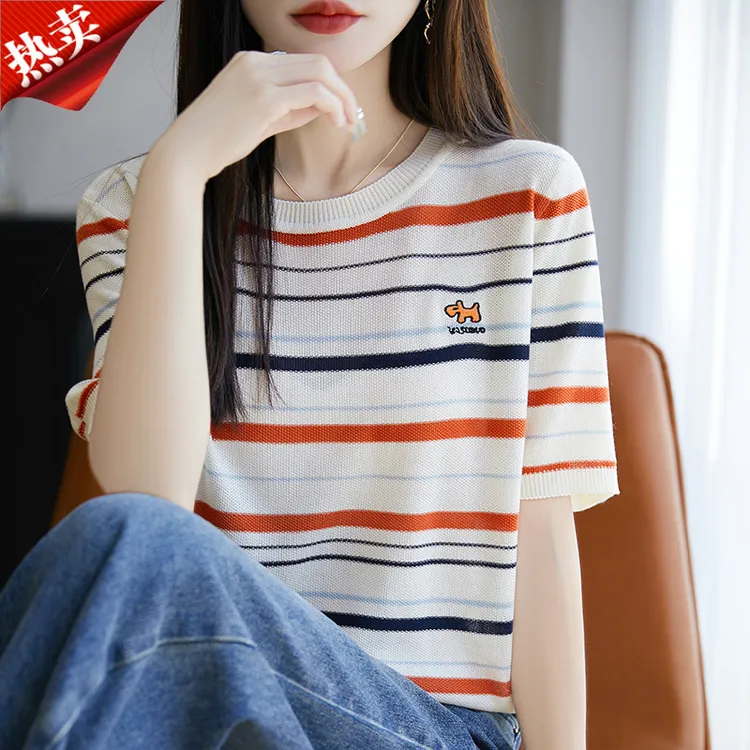 哥弟阿玛施正品夏季条纹刺绣圆领短袖T恤女洋气时尚针织衫上衣薄